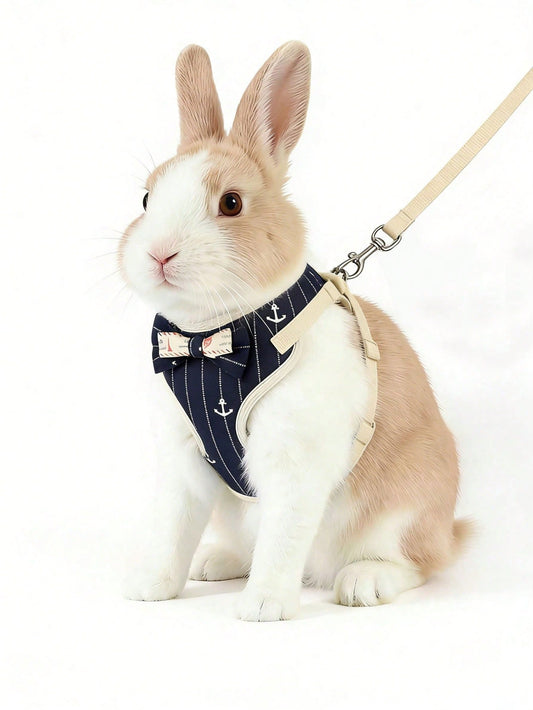 1pc Adjustable Rabbit Harness Leash, Stylish Bow Tie Rabbit Harness, Cute Anchor Pattern, Suitable For Small Pets & Rabbits, Small Animal Collar And Leash, Harness With Leash, Adjustable Leash, Dog Su