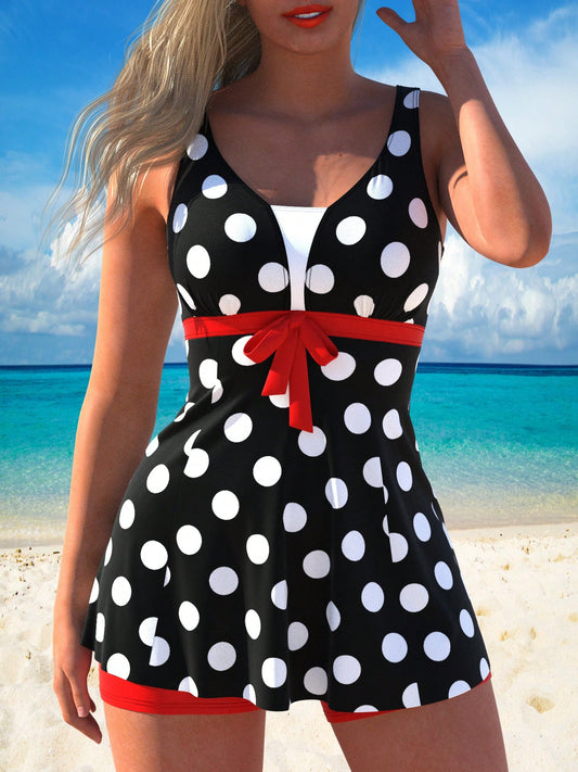 1pc AGUACUBE Women'S Polka Dot Print Tankini Set, Off The Shoulder Sleeveless Swimsuit With High Stretch Polyester And Spandex Fabric, Knit Swimwear With Boyshorts Bottoms For Beachwear