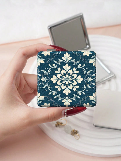 1PC Artistic Decorative Series Portable Folding Makeup Mirror, Lightweight Ultra-Thin Convenient Durable PU Leather, Suitable For Various Occasions Travel Party Work School, Suitable For All Ages