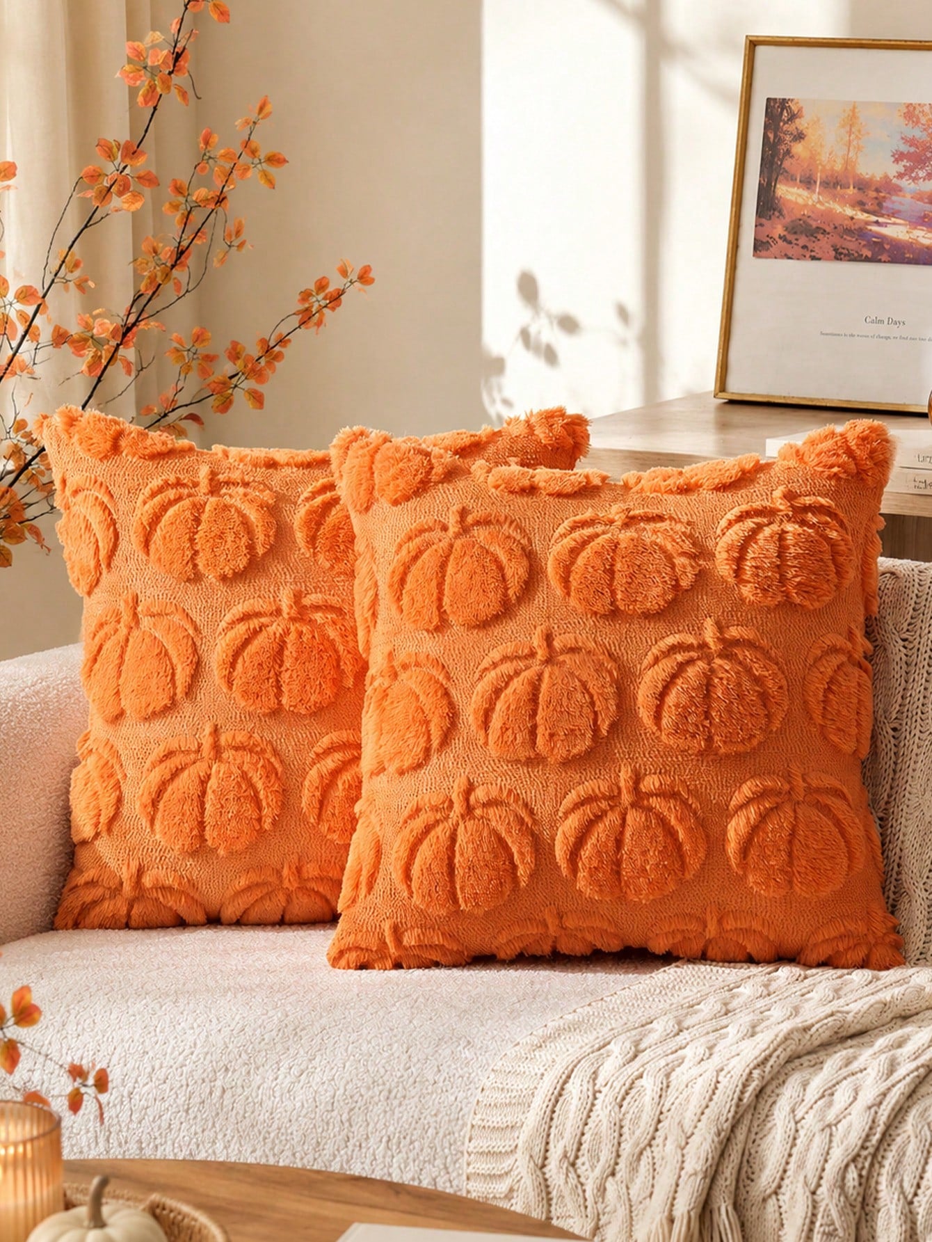 1pc Autumn Pumpkin Caramel Color Pillow Case, Thanksgiving Harvest Theme Soft Plush Faux Fur Jacquard Cushion Cover, Sofa Decor