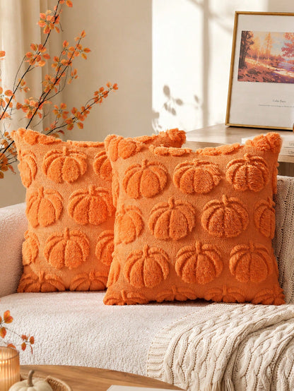 1pc Autumn Pumpkin Caramel Color Pillow Case, Thanksgiving Harvest Theme Soft Plush Faux Fur Jacquard Cushion Cover, Sofa Decor