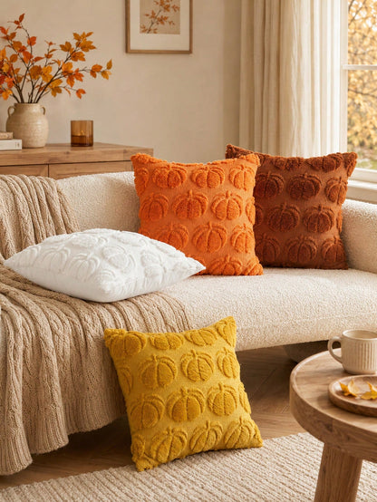 1pc Autumn Pumpkin Caramel Color Pillow Case, Thanksgiving Harvest Theme Soft Plush Faux Fur Jacquard Cushion Cover, Sofa Decor