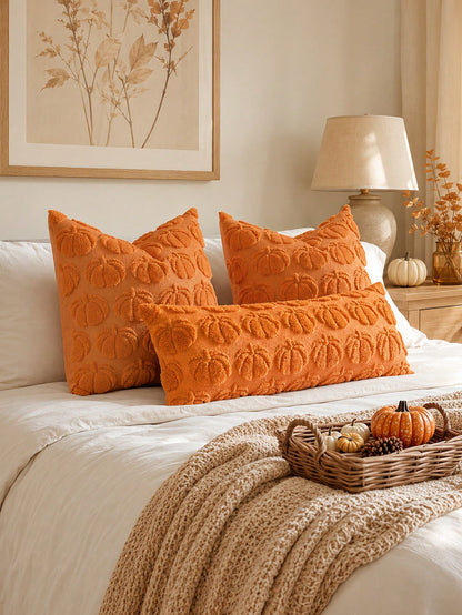 1pc Autumn Pumpkin Caramel Color Pillow Case, Thanksgiving Harvest Theme Soft Plush Faux Fur Jacquard Cushion Cover, Sofa Decor