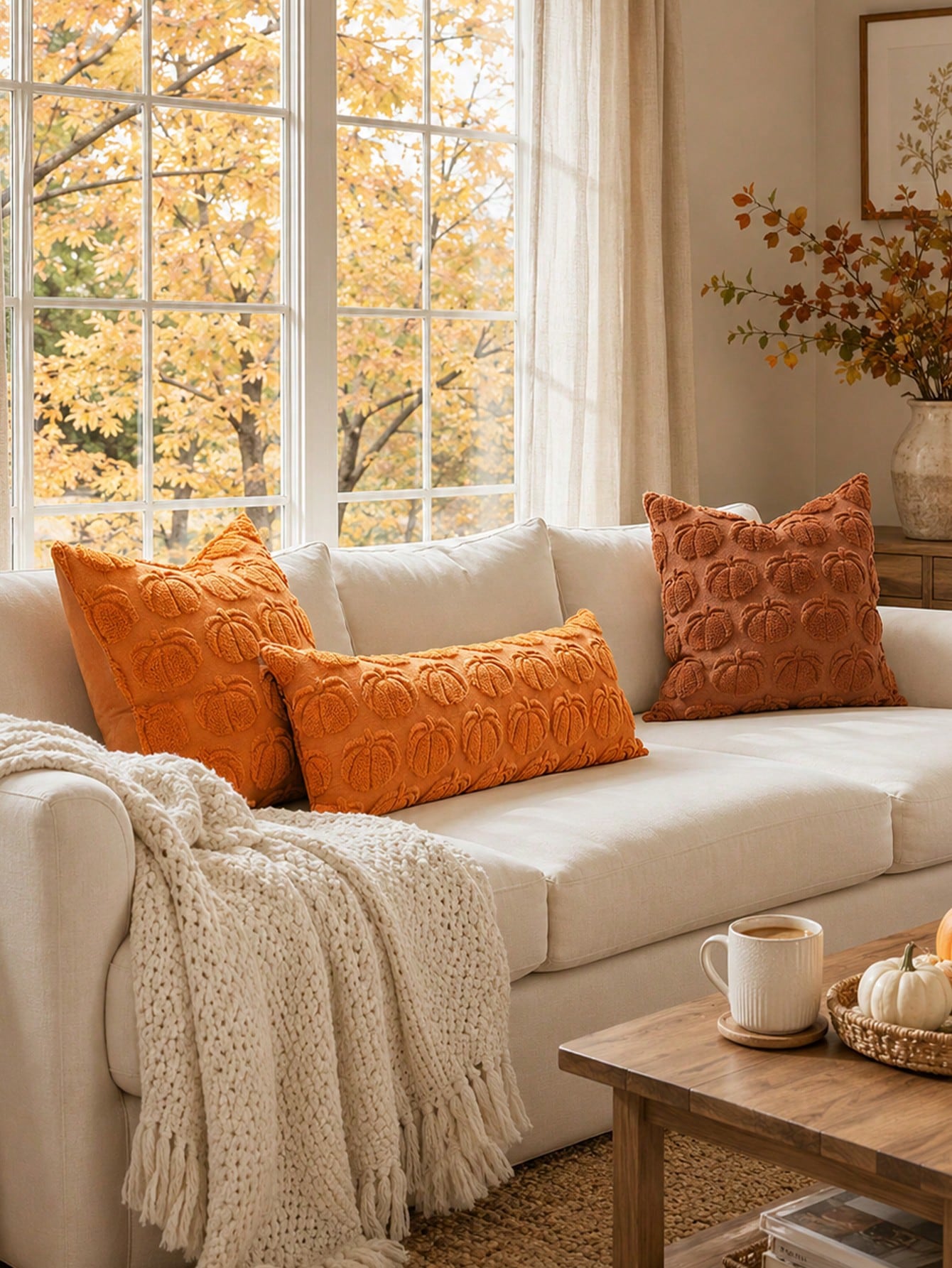 1pc Autumn Pumpkin Caramel Color Pillow Case, Thanksgiving Harvest Theme Soft Plush Faux Fur Jacquard Cushion Cover, Sofa Decor