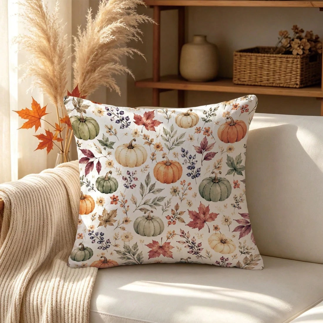 1pc Autumn Watercolor Pumpkin & Maple Leaf Cushion Cover, Single-Sided Printed Skin-Friendly Peach Skin Velvet Material, 45*45CM Pillowcase Suitable For Home Room Bedroom Living Room Sofa Decoration