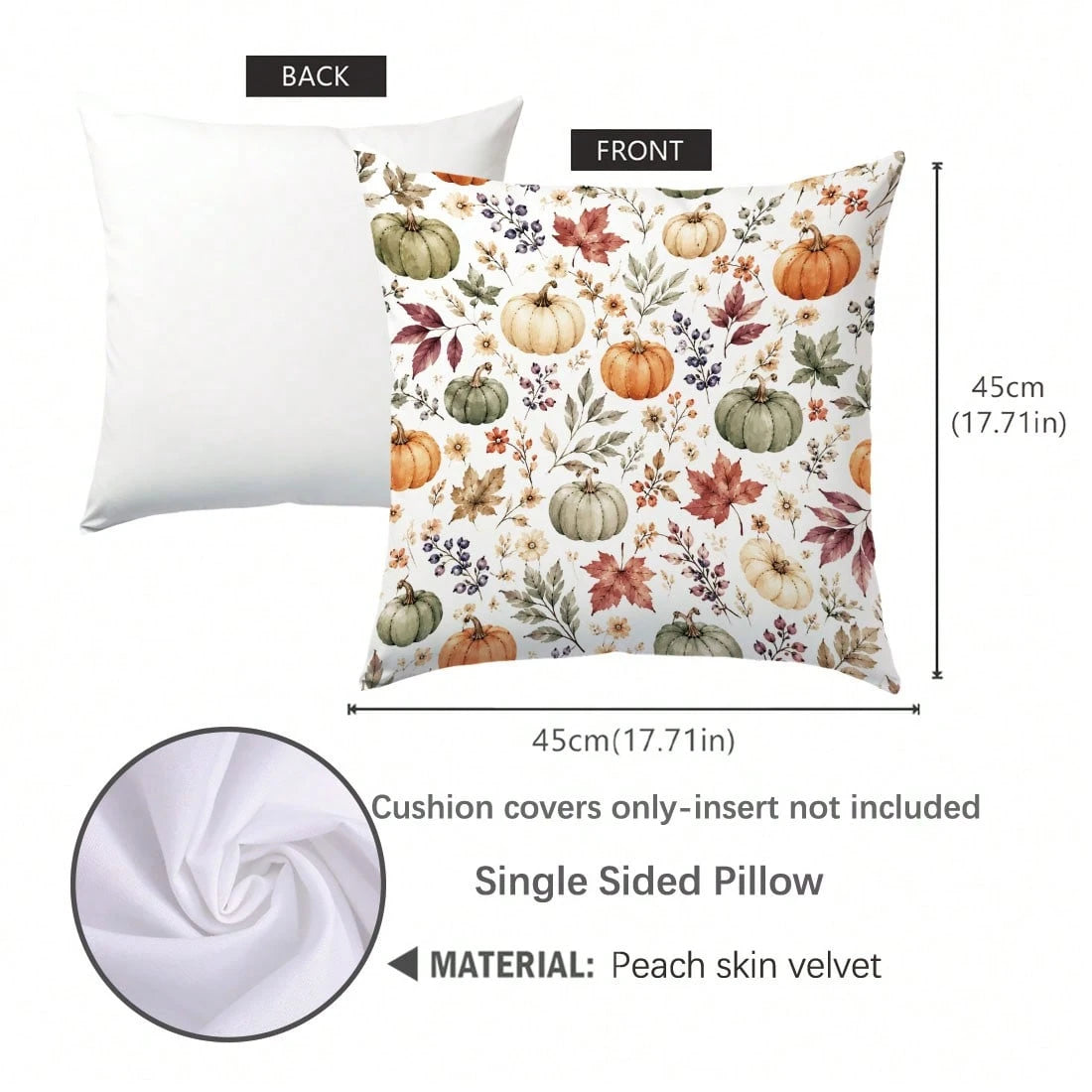 1pc Autumn Watercolor Pumpkin & Maple Leaf Cushion Cover, Single-Sided Printed Skin-Friendly Peach Skin Velvet Material, 45*45CM Pillowcase Suitable For Home Room Bedroom Living Room Sofa Decoration
