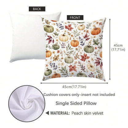 1pc Autumn Watercolor Pumpkin & Maple Leaf Cushion Cover, Single-Sided Printed Skin-Friendly Peach Skin Velvet Material, 45*45CM Pillowcase Suitable For Home Room Bedroom Living Room Sofa Decoration