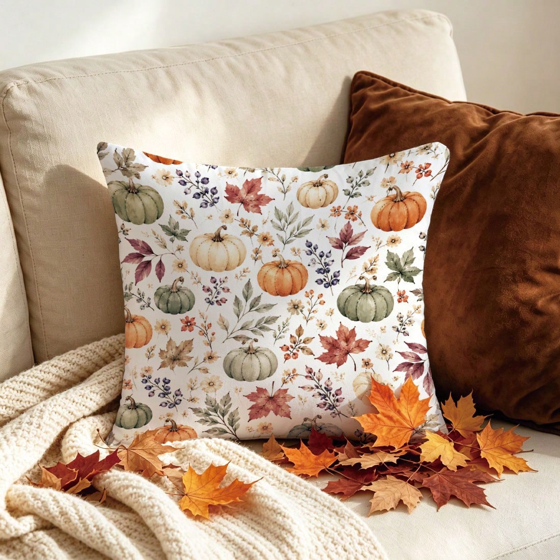 1pc Autumn Watercolor Pumpkin & Maple Leaf Cushion Cover, Single-Sided Printed Skin-Friendly Peach Skin Velvet Material, 45*45CM Pillowcase Suitable For Home Room Bedroom Living Room Sofa Decoration