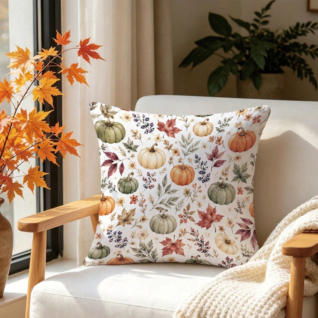 1pc Autumn Watercolor Pumpkin & Maple Leaf Cushion Cover, Single-Sided Printed Skin-Friendly Peach Skin Velvet Material, 45*45CM Pillowcase Suitable For Home Room Bedroom Living Room Sofa Decoration