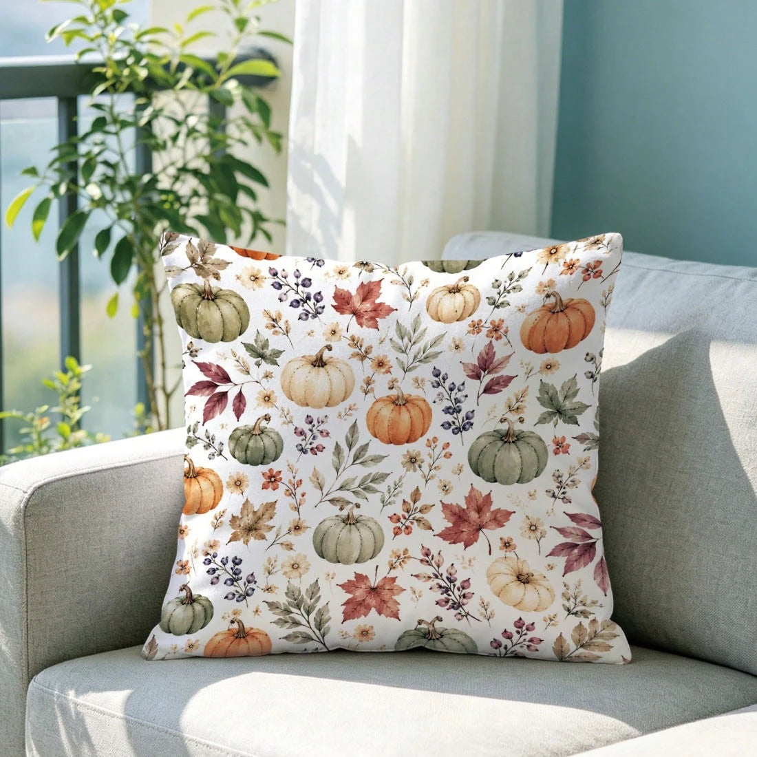 1pc Autumn Watercolor Pumpkin & Maple Leaf Cushion Cover, Single-Sided Printed Skin-Friendly Peach Skin Velvet Material, 45*45CM Pillowcase Suitable For Home Room Bedroom Living Room Sofa Decoration