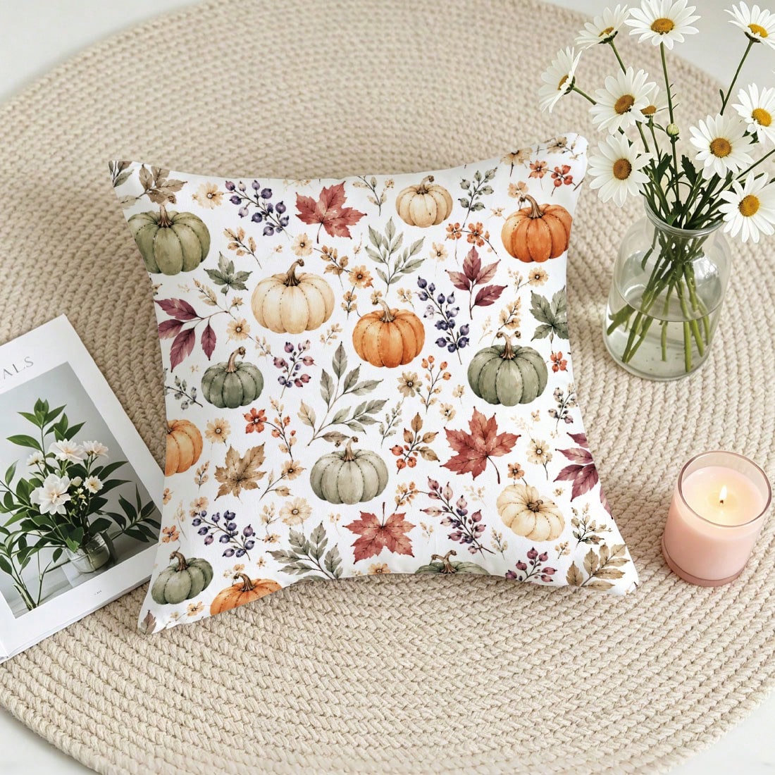 1pc Autumn Watercolor Pumpkin & Maple Leaf Cushion Cover, Single-Sided Printed Skin-Friendly Peach Skin Velvet Material, 45*45CM Pillowcase Suitable For Home Room Bedroom Living Room Sofa Decoration