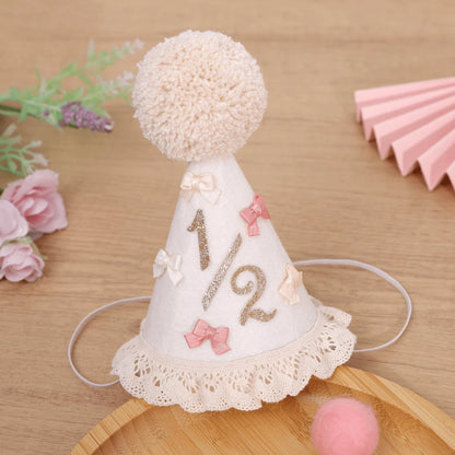 1pc Baby 1st/2nd Birthday Hat, Bow & Pom Pom Lace Trim Headband For Toddler Boys Girls Party Decoration Photo Props