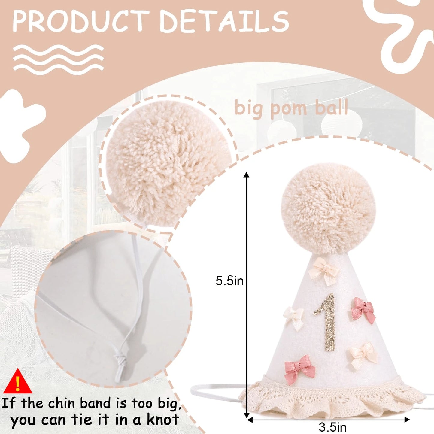 1pc Baby 1st/2nd Birthday Hat, Bow & Pom Pom Lace Trim Headband For Toddler Boys Girls Party Decoration Photo Props