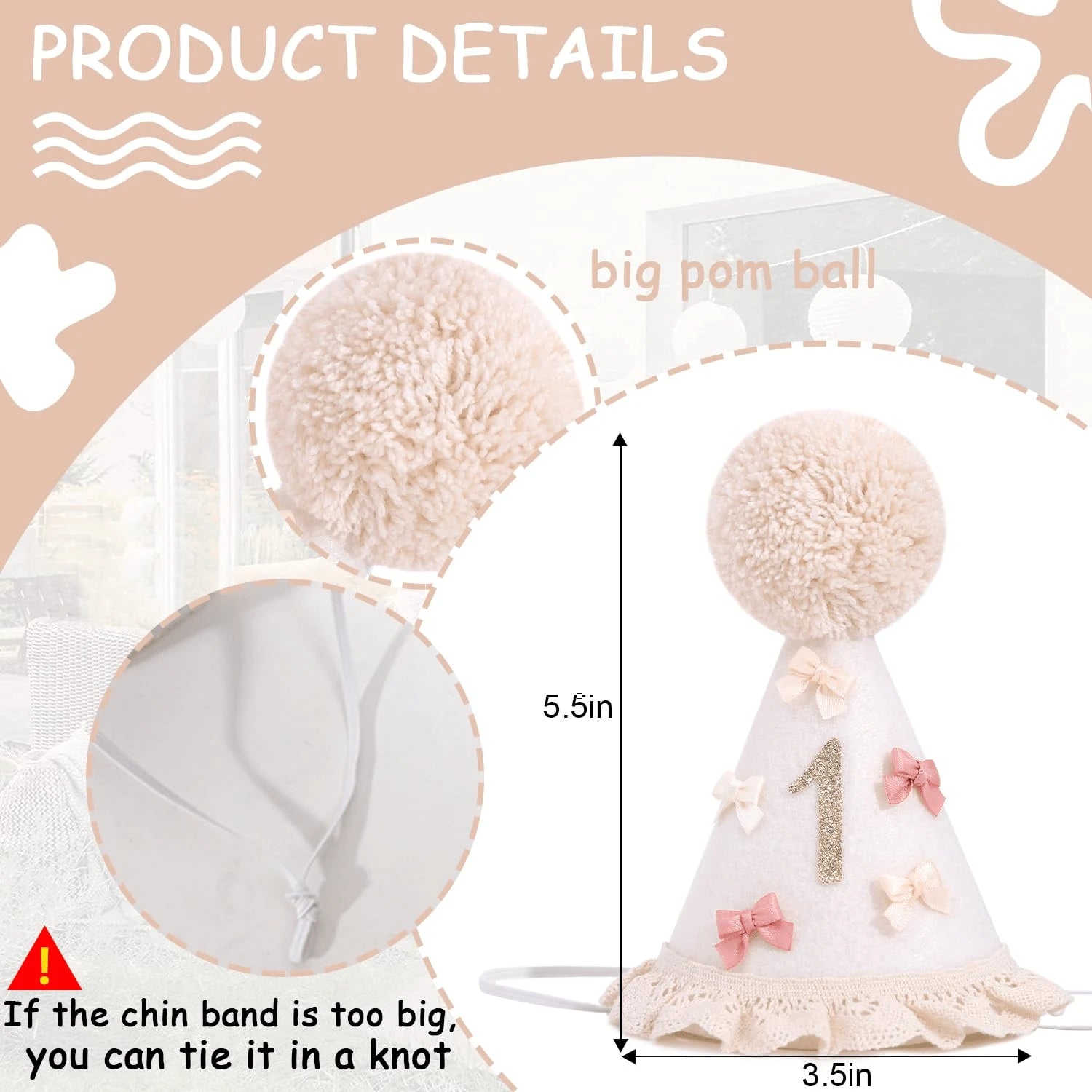 1pc Baby 1st/2nd Birthday Hat, Bow & Pom Pom Lace Trim Headband For Toddler Boys Girls Party Decoration Photo Props