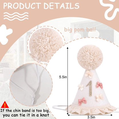 1pc Baby 1st/2nd Birthday Hat, Bow & Pom Pom Lace Trim Headband For Toddler Boys Girls Party Decoration Photo Props