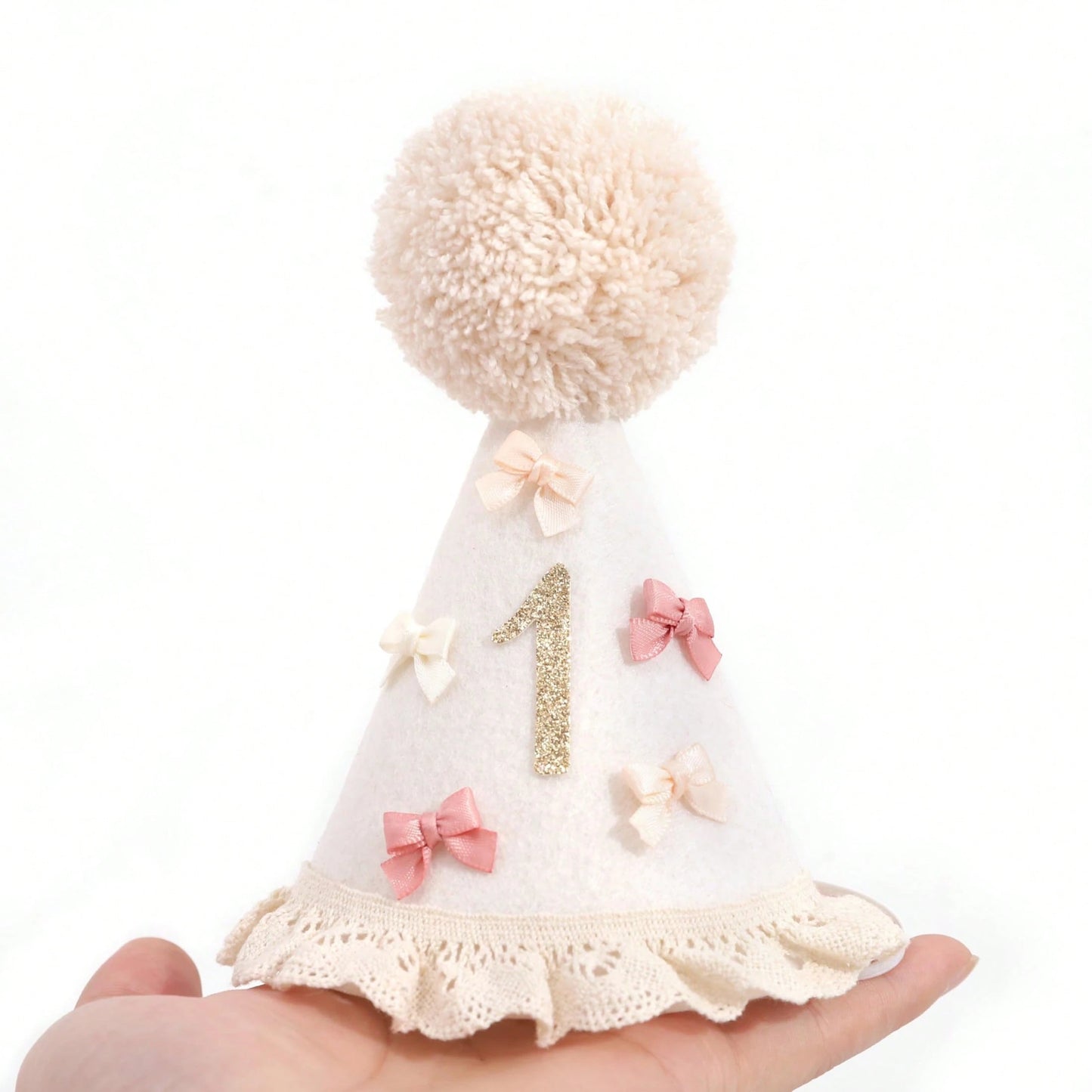 1pc Baby 1st/2nd Birthday Hat, Bow & Pom Pom Lace Trim Headband For Toddler Boys Girls Party Decoration Photo Props