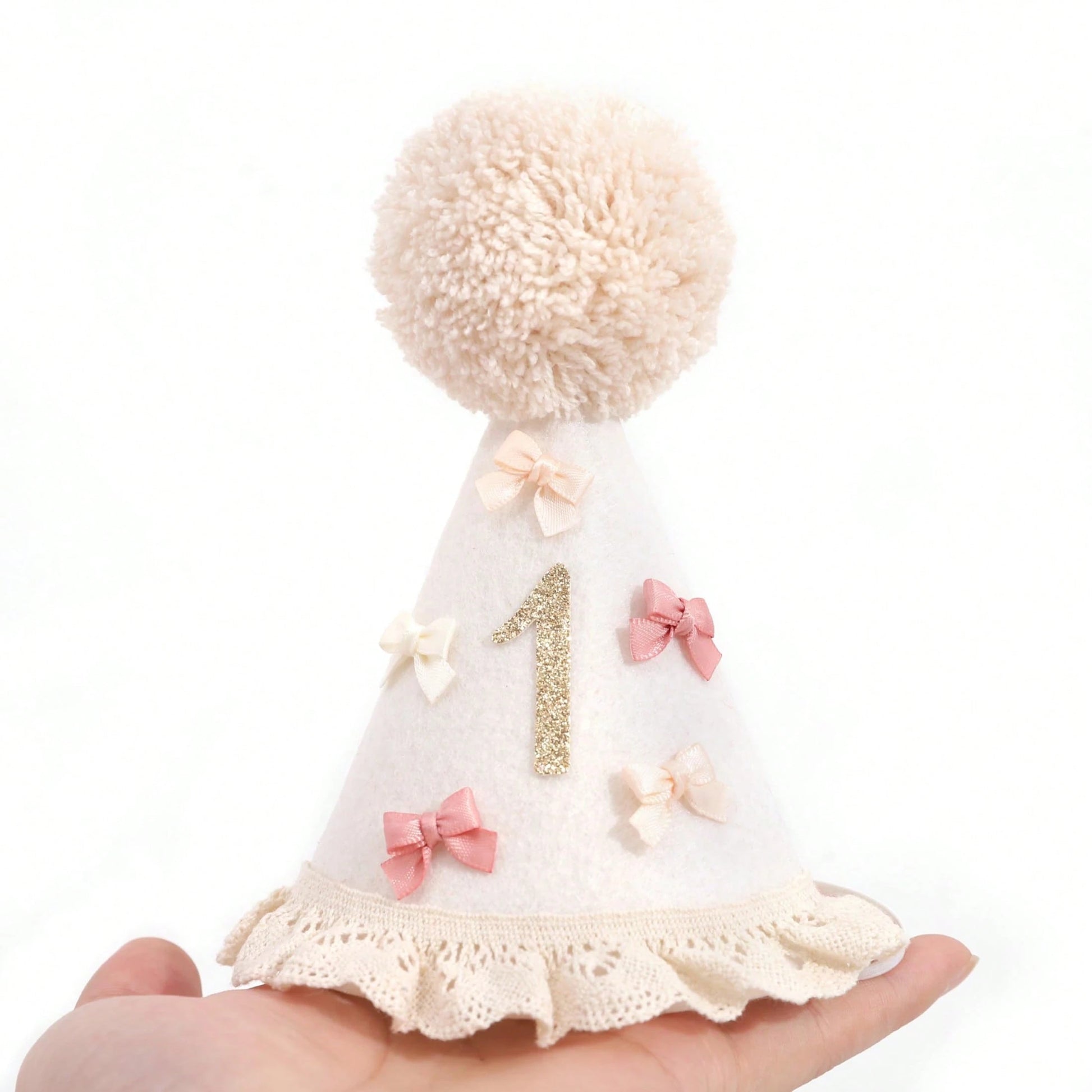 1pc Baby 1st/2nd Birthday Hat, Bow & Pom Pom Lace Trim Headband For Toddler Boys Girls Party Decoration Photo Props