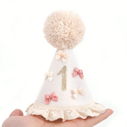 1pc Baby 1st/2nd Birthday Hat, Bow & Pom Pom Lace Trim Headband For Toddler Boys Girls Party Decoration Photo Props