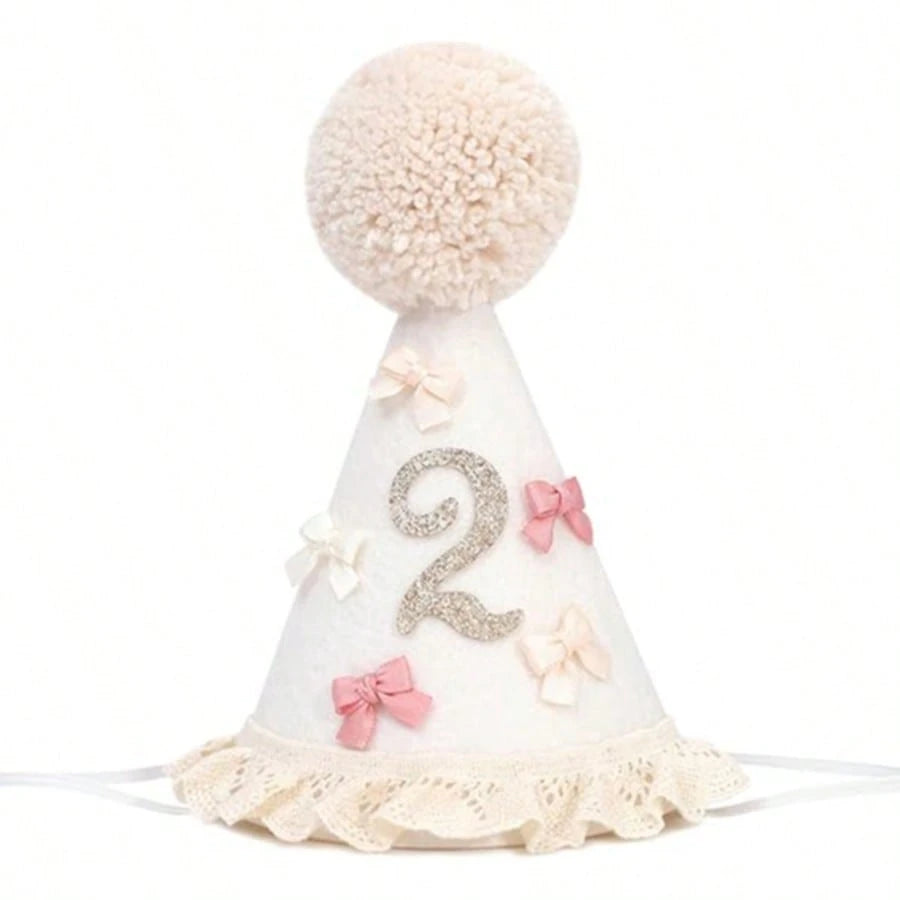 1pc Baby 1st/2nd Birthday Hat, Bow & Pom Pom Lace Trim Headband For Toddler Boys Girls Party Decoration Photo Props