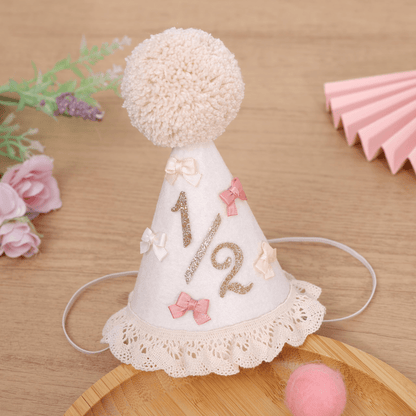 1pc Baby 1st/2nd Birthday Hat, Bow & Pom Pom Lace Trim Headband For Toddler Boys Girls Party Decoration Photo Props