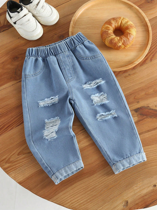 1pc Baby Boy Personalized Fashion Distressed Design Rolled Hem Denim Jeans, Casual Comfortable Minimalist Style, Thin Autumn Long Pants