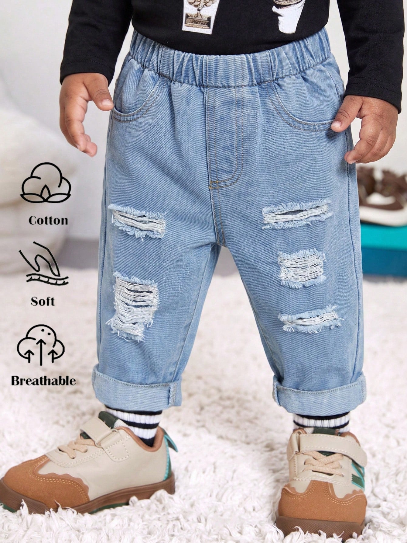 1pc Baby Boy Personalized Fashion Distressed Design Rolled Hem Denim Jeans, Casual Comfortable Minimalist Style, Thin Autumn Long Pants