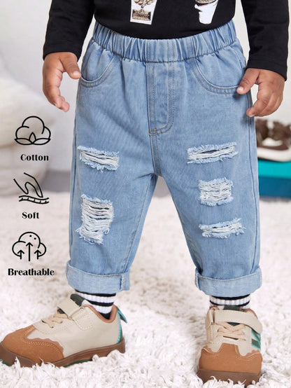 1pc Baby Boy Personalized Fashion Distressed Design Rolled Hem Denim Jeans, Casual Comfortable Minimalist Style, Thin Autumn Long Pants