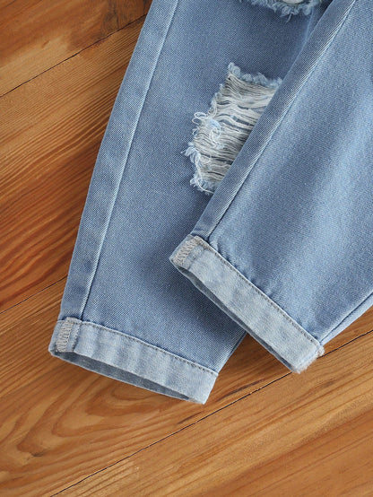 1pc Baby Boy Personalized Fashion Distressed Design Rolled Hem Denim Jeans, Casual Comfortable Minimalist Style, Thin Autumn Long Pants