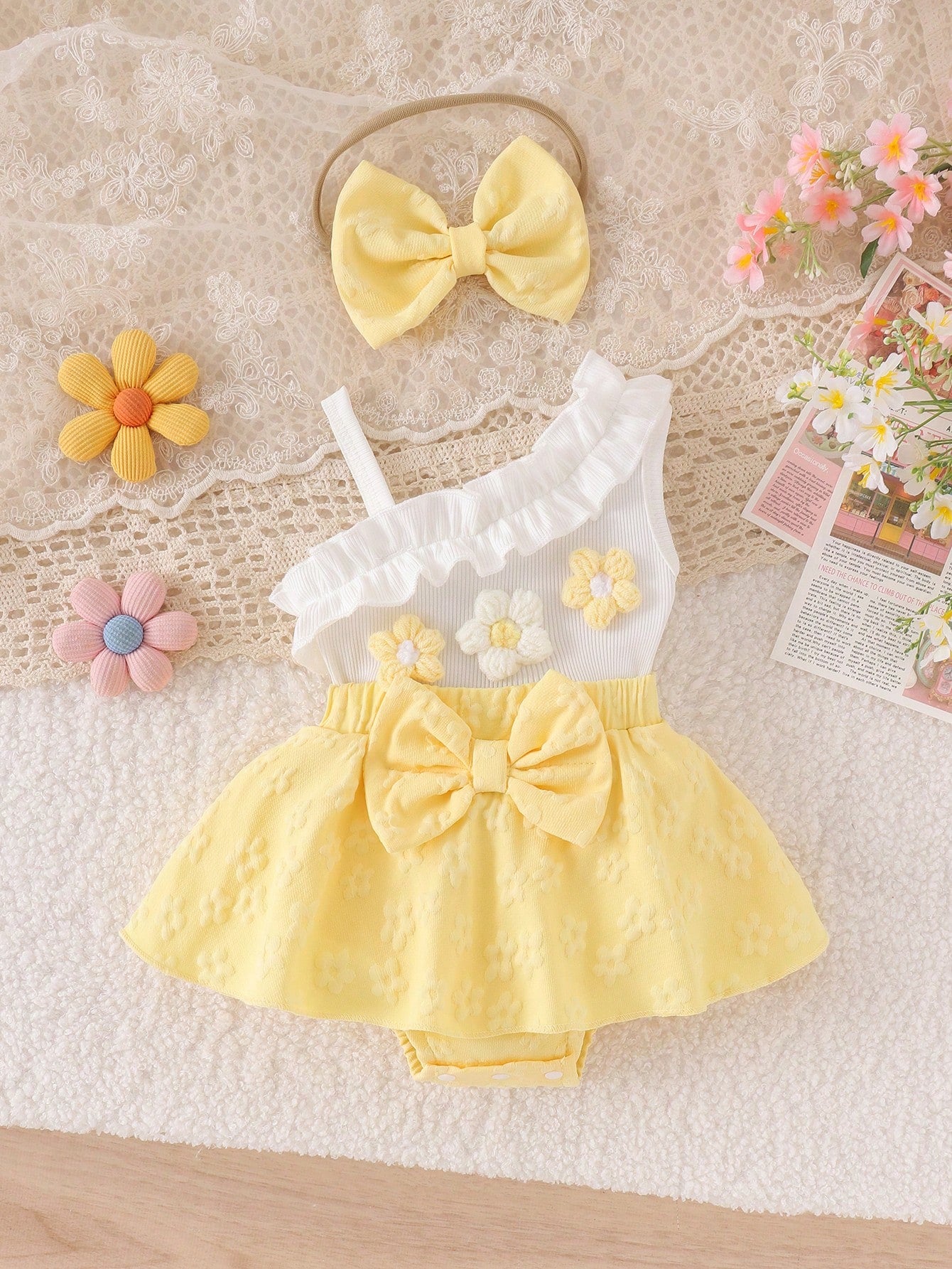 1pc Baby Girl Cute Asymmetric Strap Tank Top With Patchwork Skirt And Headband, Thin Spring/Summer Style