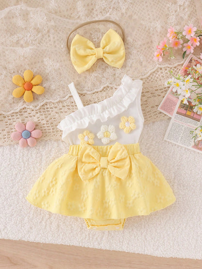 1pc Baby Girl Cute Asymmetric Strap Tank Top With Patchwork Skirt And Headband, Thin Spring/Summer Style