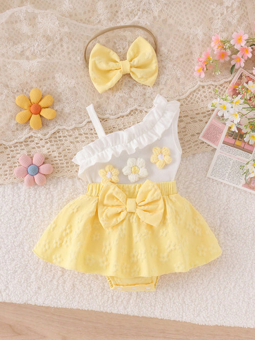 1pc Baby Girl Cute Asymmetric Strap Tank Top With Patchwork Skirt And Headband, Thin Spring/Summer Style