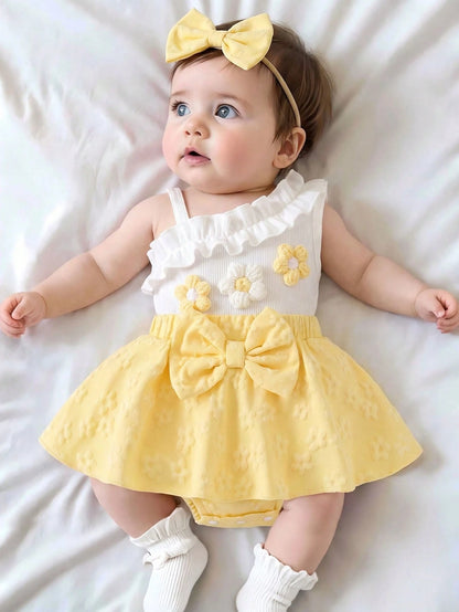 1pc Baby Girl Cute Asymmetric Strap Tank Top With Patchwork Skirt And Headband, Thin Spring/Summer Style