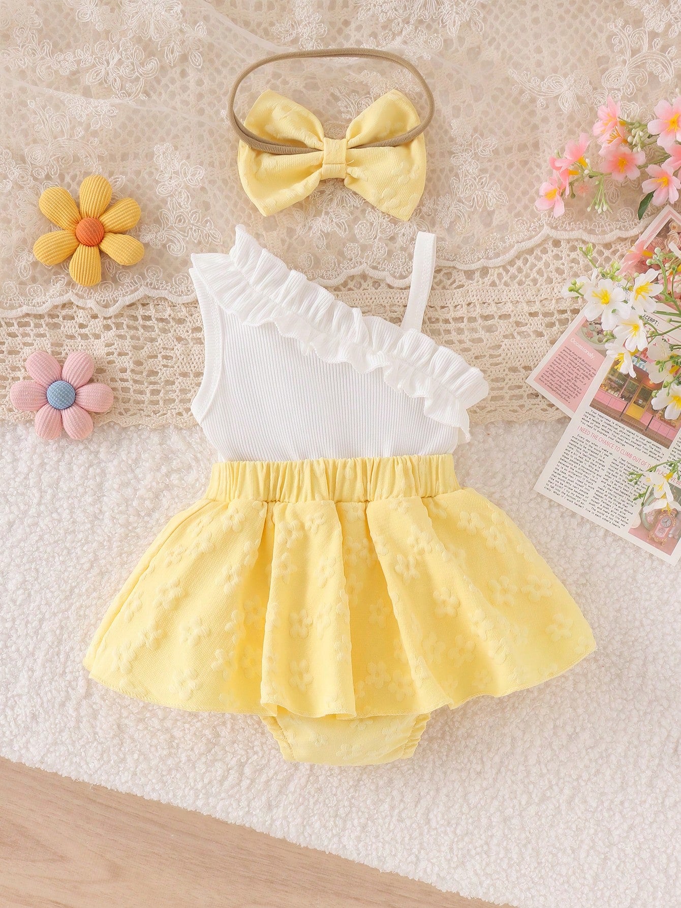 1pc Baby Girl Cute Asymmetric Strap Tank Top With Patchwork Skirt And Headband, Thin Spring/Summer Style
