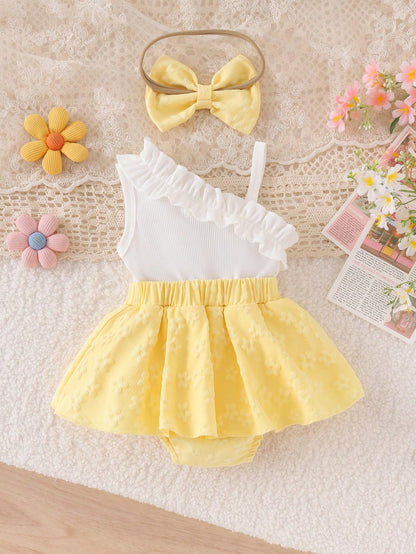 1pc Baby Girl Cute Asymmetric Strap Tank Top With Patchwork Skirt And Headband, Thin Spring/Summer Style