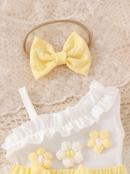 1pc Baby Girl Cute Asymmetric Strap Tank Top With Patchwork Skirt And Headband, Thin Spring/Summer Style