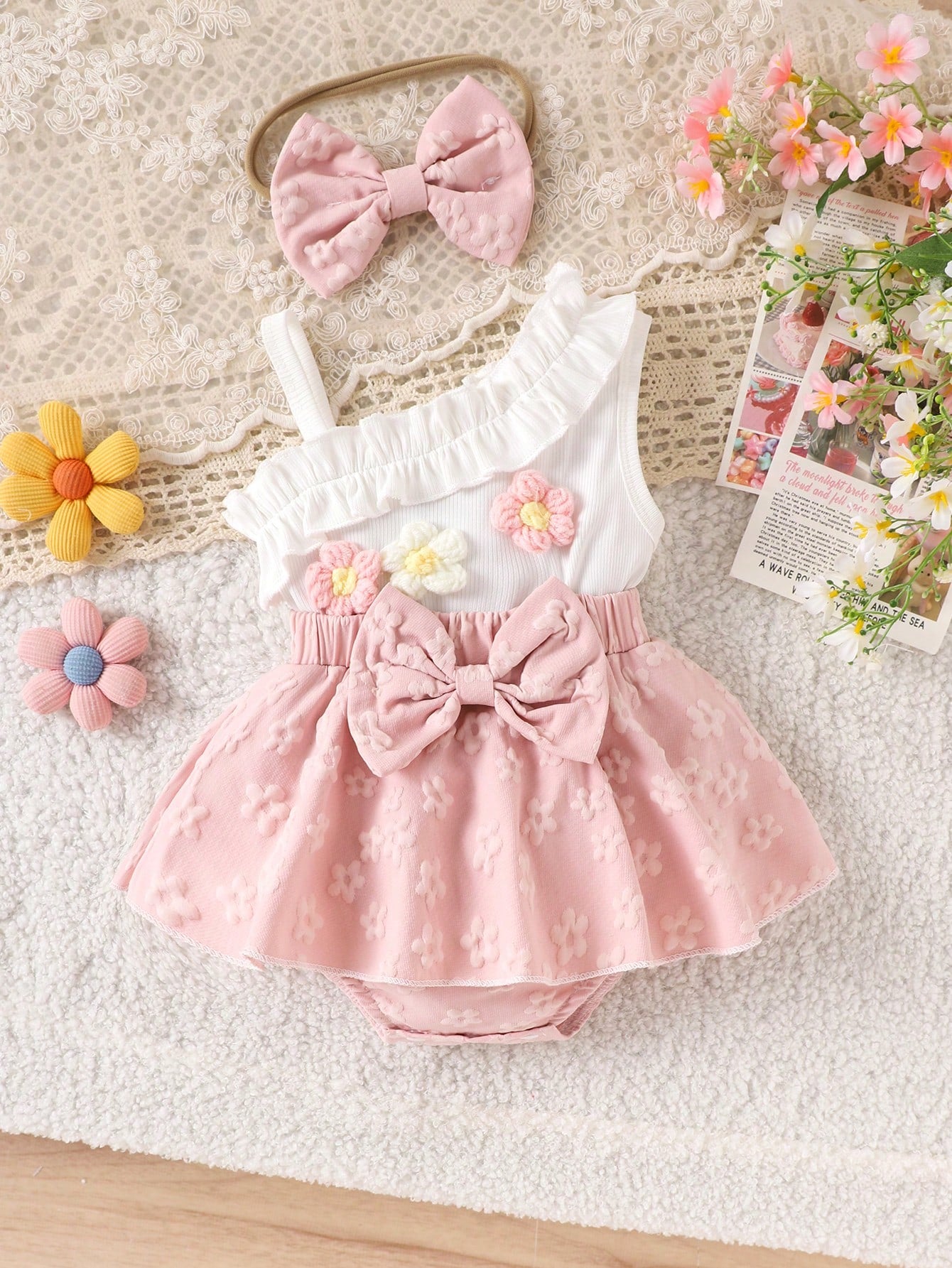 1pc Baby Girl Cute Asymmetric Strap Tank Top With Patchwork Skirt And Headband, Thin Spring/Summer Style