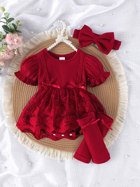 1pc Baby Girl Cute Short Sleeve Lace Mesh Ruffle Dress With Leg Warmers And Headband, Lightweight Summer