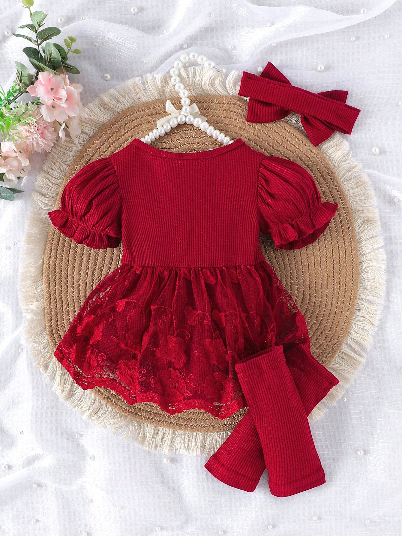 1pc Baby Girl Cute Short Sleeve Lace Mesh Ruffle Dress With Leg Warmers And Headband, Lightweight Summer