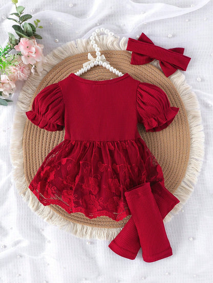 1pc Baby Girl Cute Short Sleeve Lace Mesh Ruffle Dress With Leg Warmers And Headband, Lightweight Summer