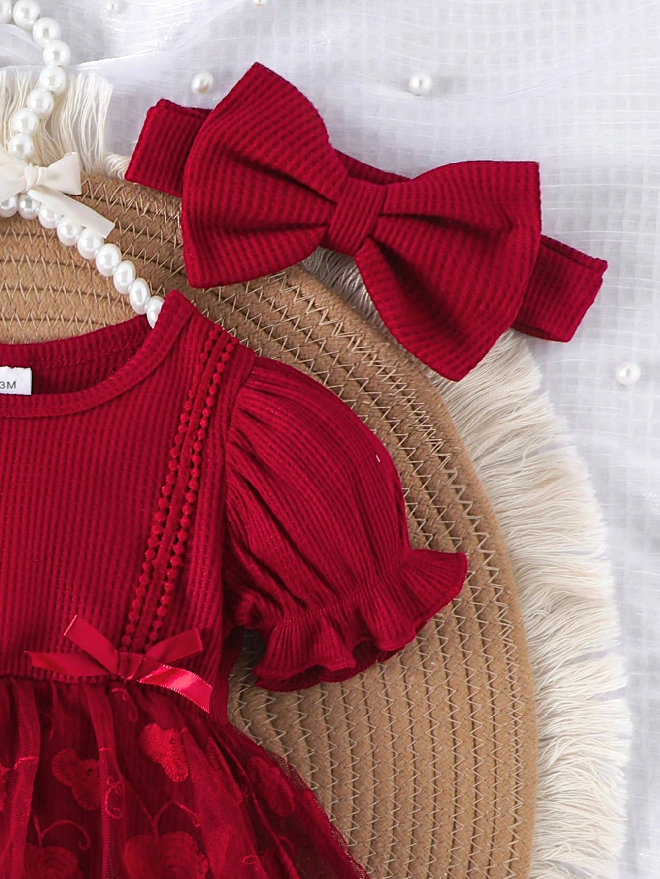 1pc Baby Girl Cute Short Sleeve Lace Mesh Ruffle Dress With Leg Warmers And Headband, Lightweight Summer