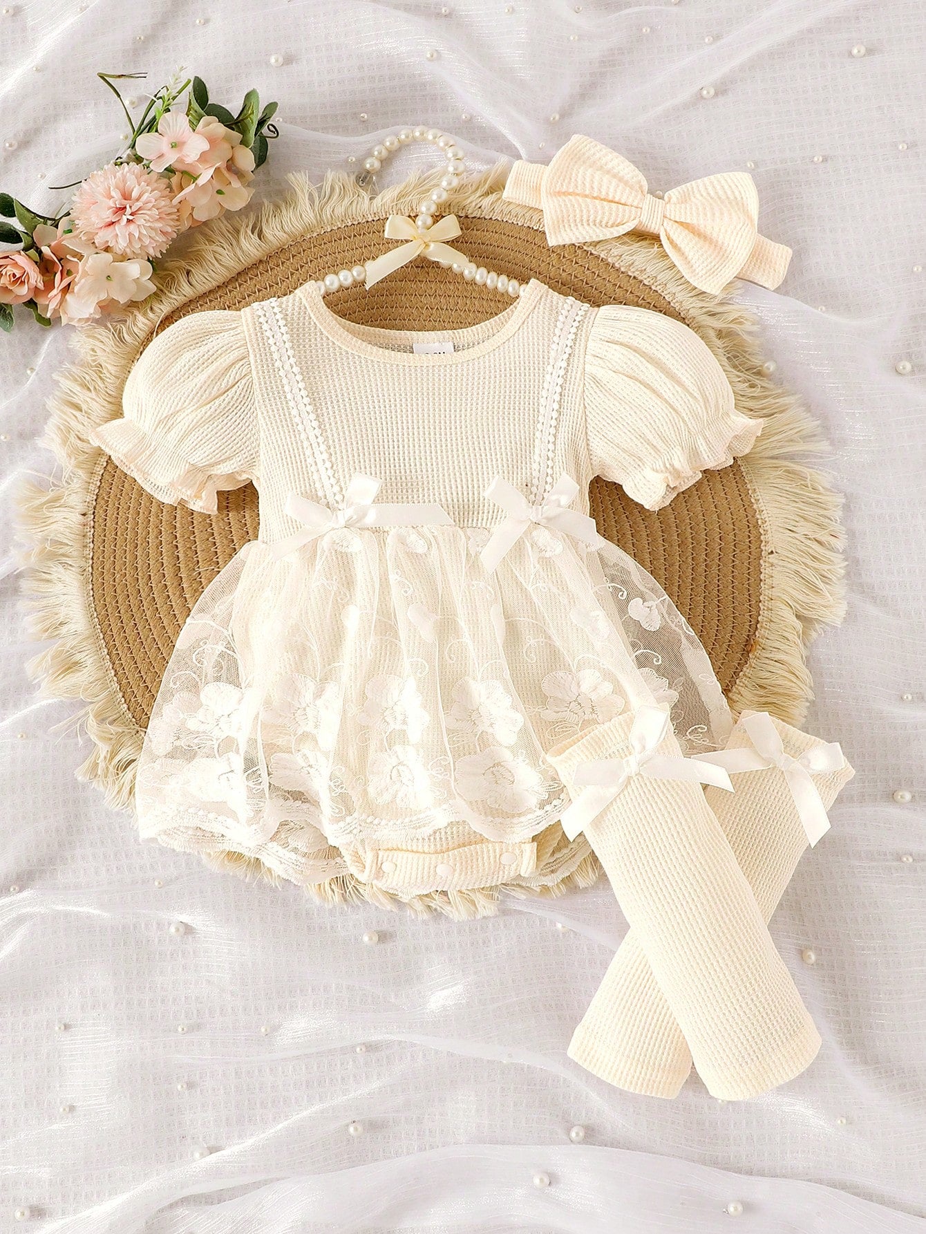 1pc Baby Girl Cute Short Sleeve Lace Mesh Ruffle Dress With Leg Warmers And Headband, Lightweight Summer