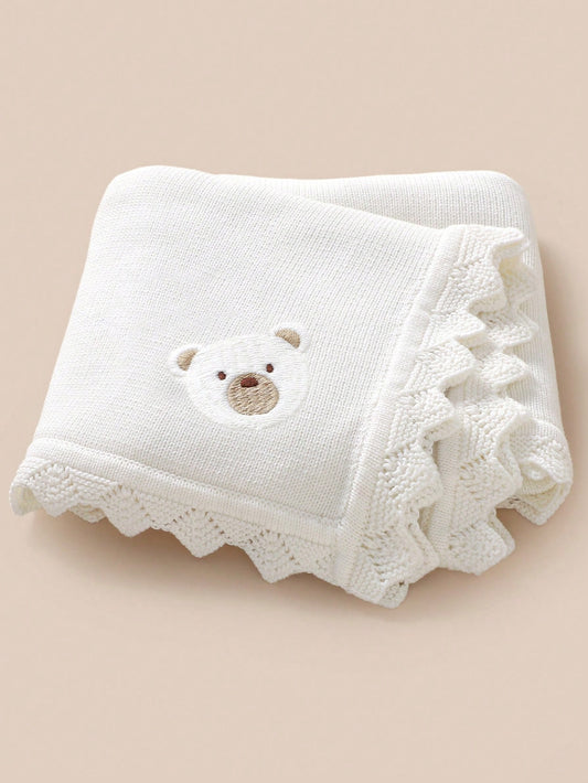 1pc Baby Knitted Blanket, Cute Bear Embroidery Wavy Edge, Comfortable & Minimalist, Suitable For Stroller, All Seasons