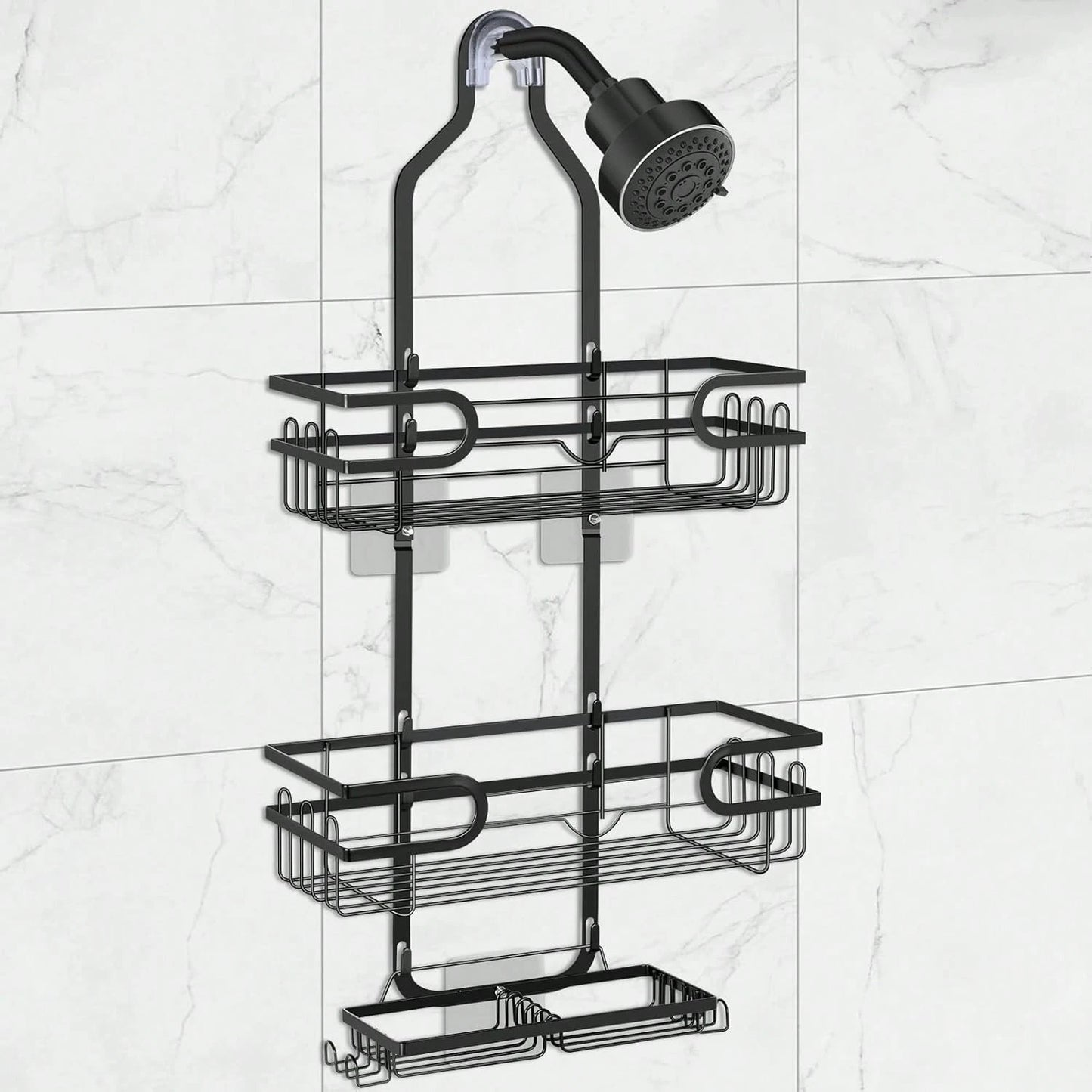 1pc Bathroom Hanging Shower Organizer, Over Head Shower Caddy Shower Storage Rack Basket With Hooks For Razor And Sponge Rustproof