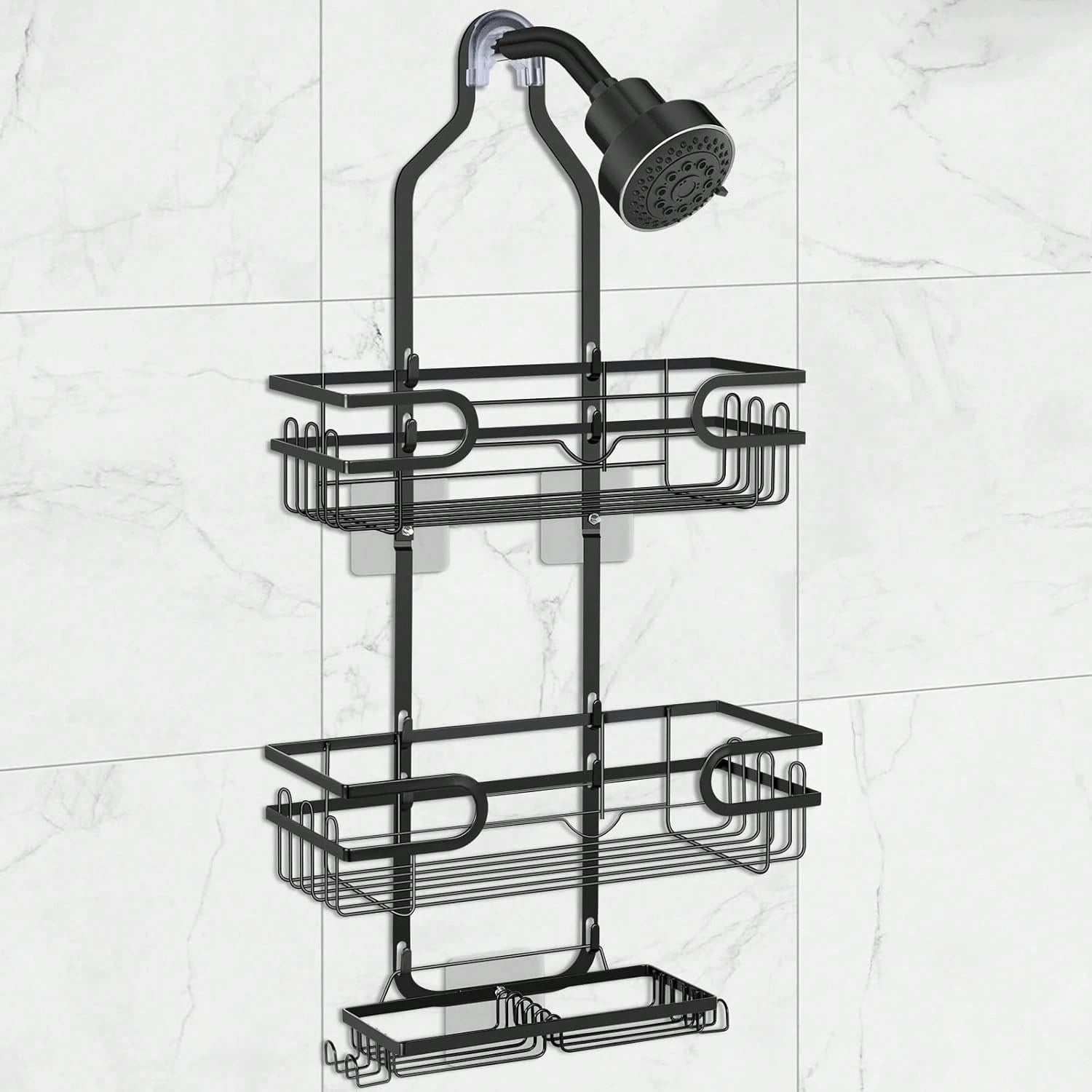 1pc Bathroom Hanging Shower Organizer, Over Head Shower Caddy Shower Storage Rack Basket With Hooks For Razor And Sponge Rustproof