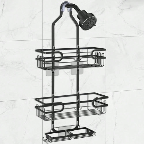 1pc Bathroom Hanging Shower Organizer, Over Head Shower Caddy Shower Storage Rack Basket With Hooks For Razor And Sponge Rustproof