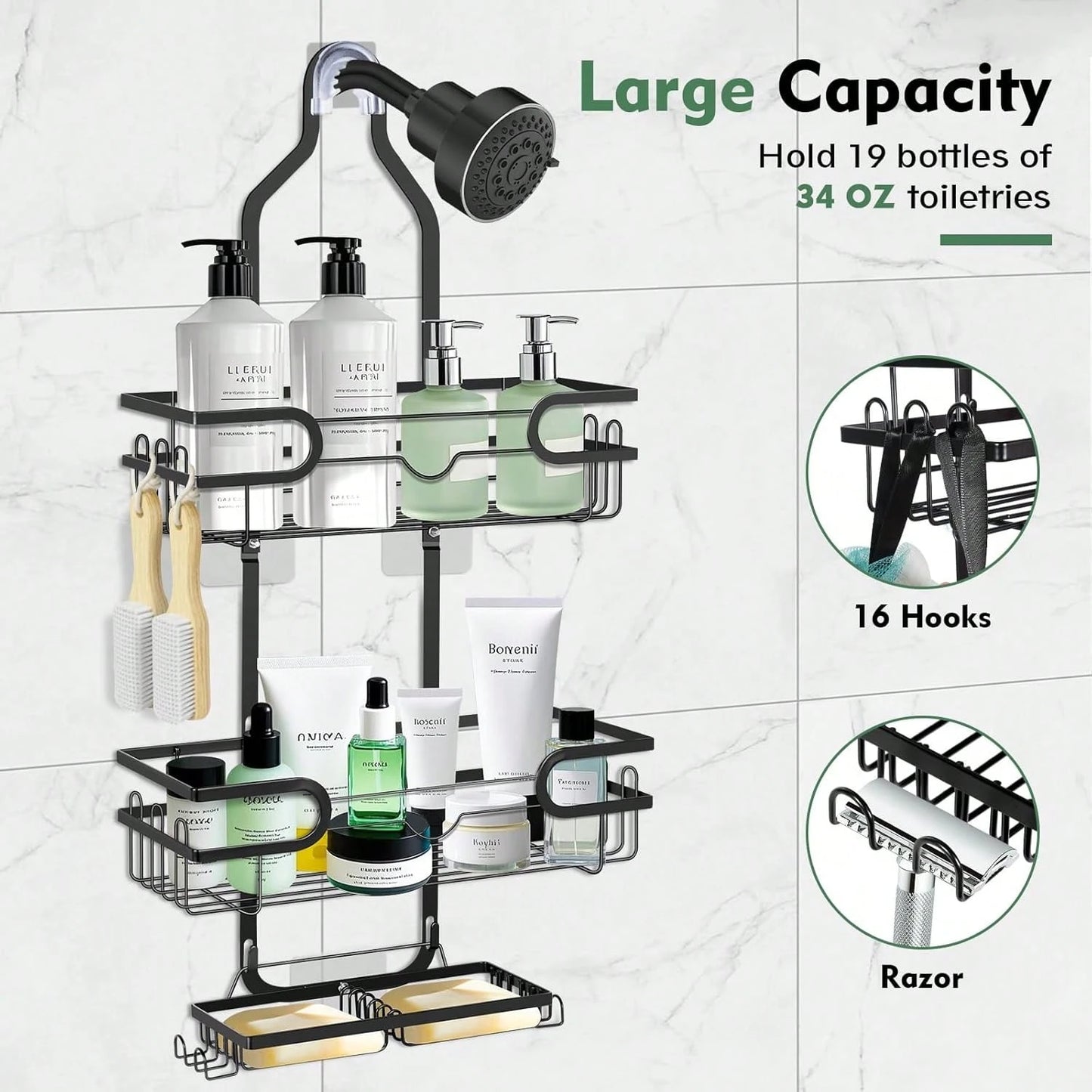 1pc Bathroom Hanging Shower Organizer, Over Head Shower Caddy Shower Storage Rack Basket With Hooks For Razor And Sponge Rustproof