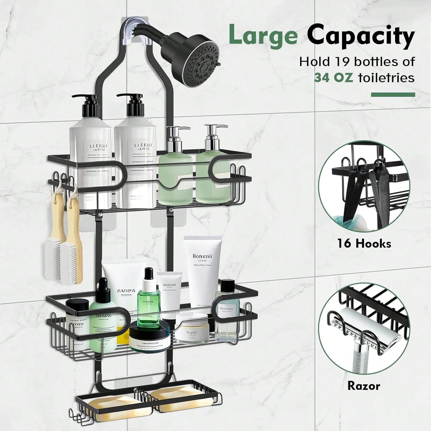 1pc Bathroom Hanging Shower Organizer, Over Head Shower Caddy Shower Storage Rack Basket With Hooks For Razor And Sponge Rustproof