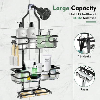 1pc Bathroom Hanging Shower Organizer, Over Head Shower Caddy Shower Storage Rack Basket With Hooks For Razor And Sponge Rustproof
