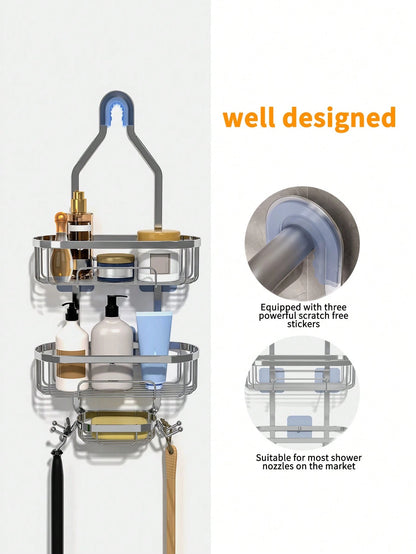 1pc Bathroom Hanging Shower Organizer, Over Head Shower Caddy Shower Storage Rack Basket With Hooks For Razor And Sponge Rustproof