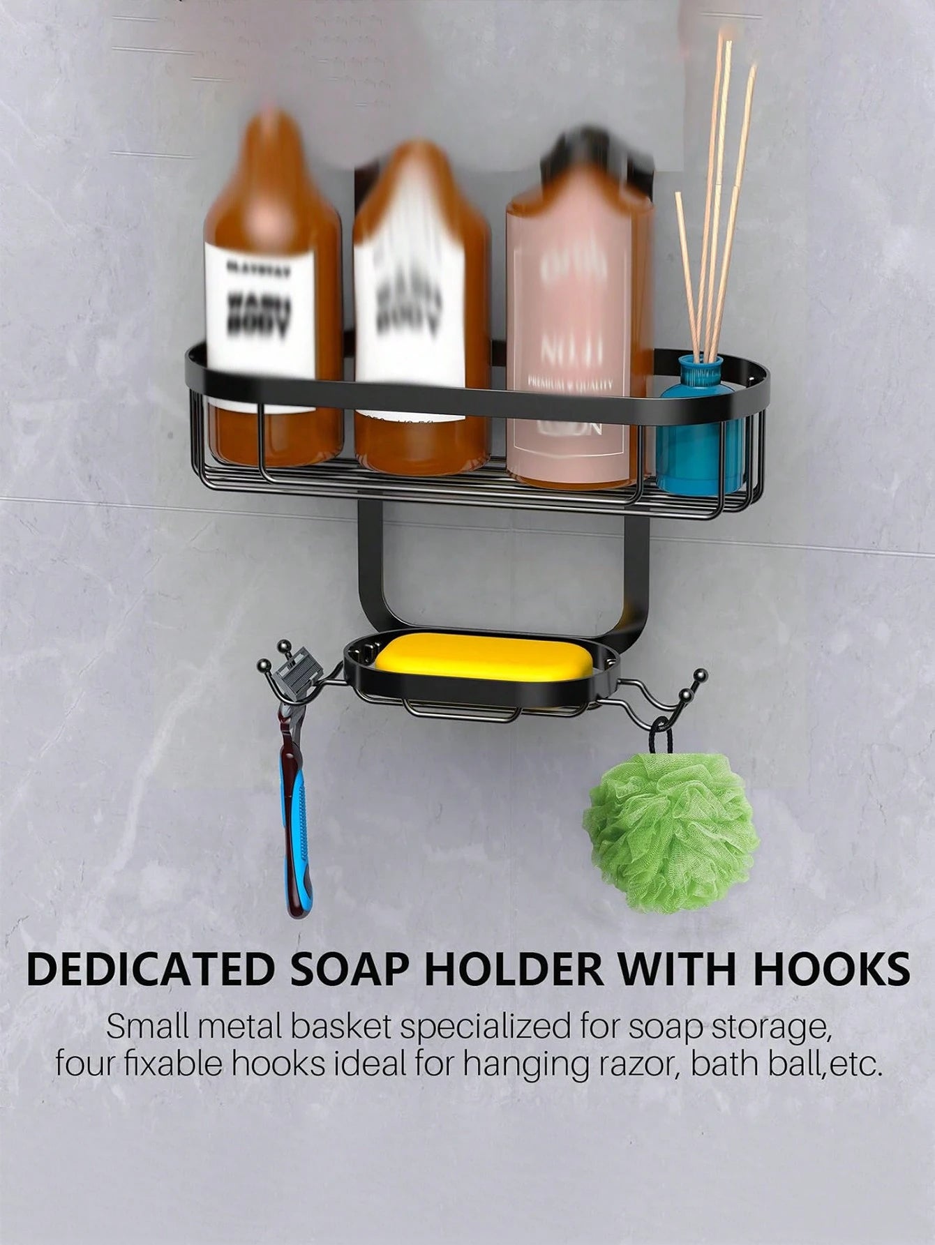 1pc Bathroom Hanging Shower Organizer, Over Head Shower Caddy Shower Storage Rack Basket With Hooks For Razor And Sponge Rustproof
